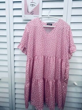 NCLOOK Pink Polka Dot Ruffled Bell Sleeve Tiered V-Neck Dress Size XL